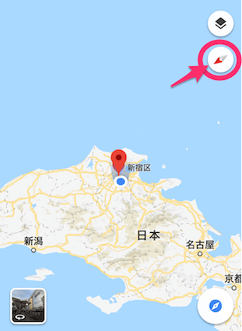 Googleマップの方位磁石をタップ