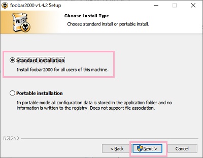 インストールタイプは「Standard installation」を選択して「Next」をクリック