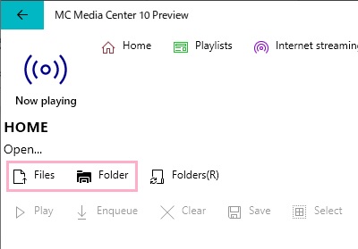 MC Media Center 10 Previewを起動したら、画面上部の「Files」か「Folder」からファイルを選択