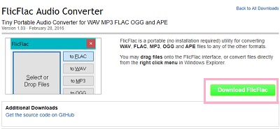 「Download FlicFlac」と書かれた緑色のボタンをクリック
