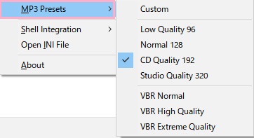 「MP3 Preset」にマウスカーソルを載せることでビットレート一覧が表示