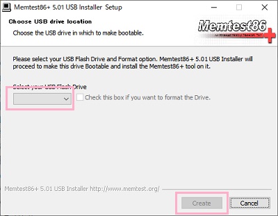 USBメモリの場所指定を求められます。「Select your USB Flash Drive」項目をクリックしてUSBメモリのドライブを選択して「Create」ボタンをクリック