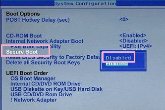​​​​​​​「Secure Boot」項目を選択したらEnterキーを押し、「Disabled」を選択してEnterキーを押し決定し、Escキーを押して「Saving Changes」を選択して再起動