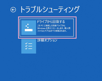 「トラブルシューティング」が表示されるので、「ドライブから回復する」をクリック