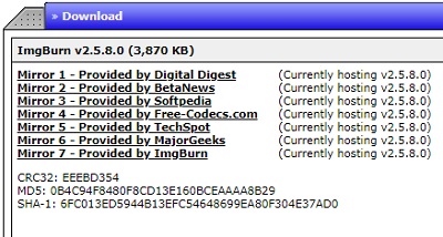 ImgBurnのダウンロードページ