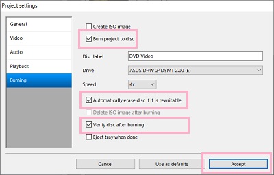 左側メニューの「Burning」をクリックして選択し、右側に設定項目が表示されるので、「Burn project to disc」のチェックボックスをオン