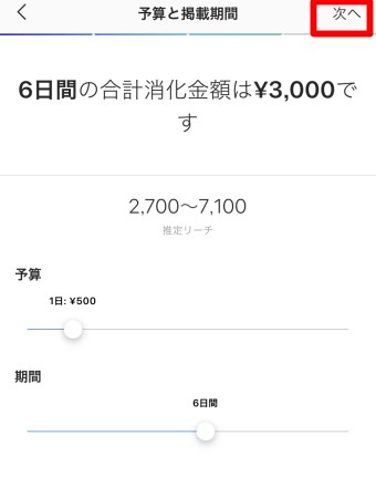 広告をしたい投稿の宣伝の誘導先の選択のターゲットオーディエンスの期間と料金の選択