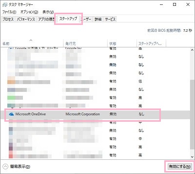 ウィンドウ上部の「スタートアップ」タブをクリックして開き、一覧に表示されている「Microsoft OneDrive」をクリックして選択してから、ウィンドウ右下の「無効にする（画像では『有効にする』表記のボタン）」をクリック