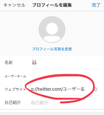 インスタのプロフィール編集画面の「ウェブサイト」の表示