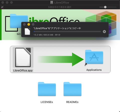 LibreOfficeのインストールが開始