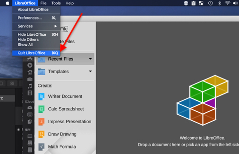 停止は上部のメニューから「LibreOffice」＞「Quit LibreOffice」をクリック