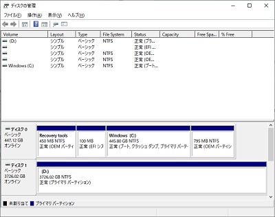 ウィンドウ下部にHDD・SSDといったドライブごとのディスク領域グラフが表示