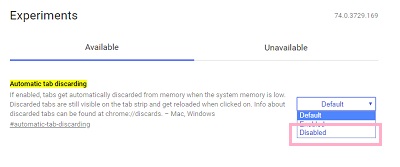 Automatic tab discarding（タブのメモリ解放を有効にする）の項目が表示されるので、右側にある「Default」ボタンをクリックして「Disabled」に変更