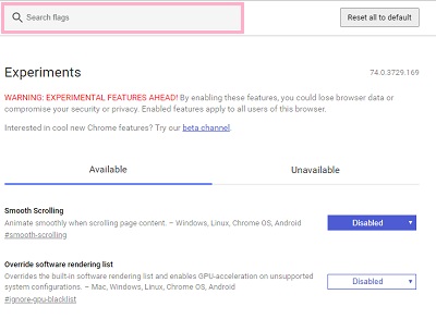 ChromeのExperiments項目が表示されます。画面上部の検索フォームに「Only Auto-Reload Visible Tabs」と入力
