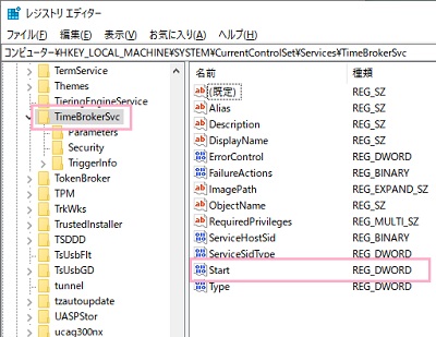 パス「HKEY_LOCAL_MACHINE\SYSTEM\CurrentControlSet\Services\TimeBrokerSvc」を表示させて、TimeBrokerSvcフォルダ内の「Start」をダブルクリック