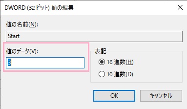 DWORD（32ビット）値の編集ウィンドウが表示されるので、値のデータを「3」から「4」に変更して「OK」をクリック