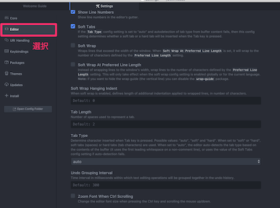 Atomの設定画面が表示されますので、左側の「Editor」を選択