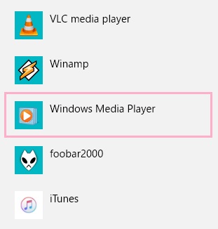 音楽プレーヤーアプリ一覧が表示されるので、「Windows Media Player」をクリックして選択