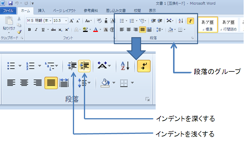 「ホームタブ」の「段落グループ」で、「インデントを増やす」を押すと、インデントが設定