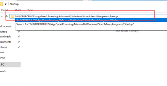 エクスプローラーのフォルダパス欄に「%USERPROFILE%\AppData\Roaming\Microsoft\Windows\Start Menu\Programs\Startup」を入力