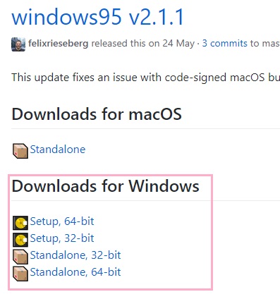 「Downloads for Windows」項目の「Setup,64-bit」か「Standalone, 64-bit」をクリックしてダウンロード