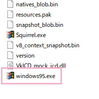 ダウンロードした「windows95-2.1.1-win32-standalone-x64.zip」を解凍したら、フォルダ内の「windows95.exe」をダブルクリックして起動