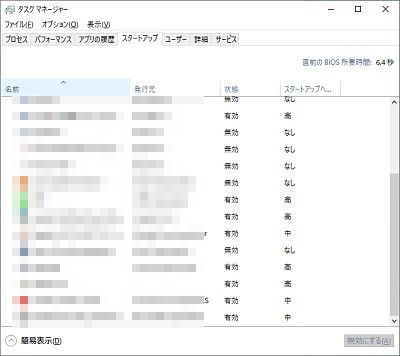 タスクマネージャーが表示されたら、ウィンドウ上部のタブから「スタートアップ」をクリックしてスタートアッププログラム一覧を開く