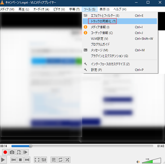 動画ファイルを開いた状態で上部メニューの[ツール]->[トラックの同期化]を選択