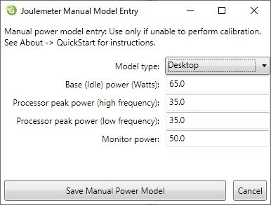 Joulemeter Manual Model Entryウィンドウが開くので、「Model type」で自分の使っているパソコンの種類を選択