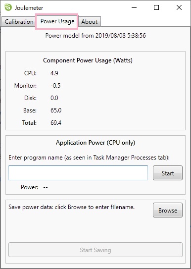 ​​​​​​​「Component Power Usage(Watts)」項目で、CPU（CPUの消費電力）・Monitor（モニターの消費電力）・HDD（ストレージの消費電力）・Base（最低限必要な消費電力）・Total（合計の消費電力）がワット数で表示
