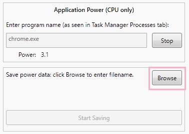 「Save power data:click Browse to enter filename.」欄の「Browse」ボタンをクリックすると保存ダイアログが表示されるので、保存先フォルダと名前を入力して「保存」をクリック