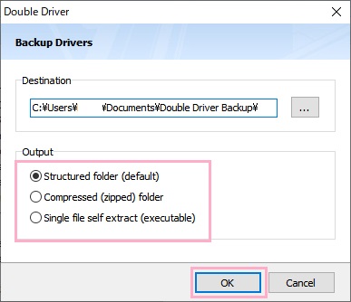 「Destination」では保存先の指定、「Output」では保存形式を選択