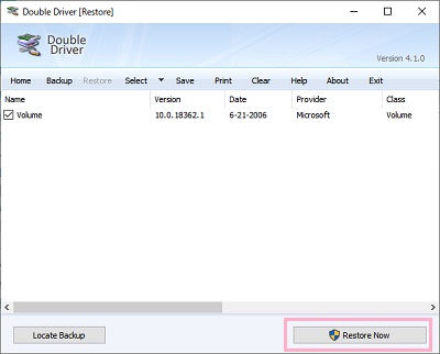 読み込まれたバックアップ一覧から、適用したいドライバのチェックボックスをオンにして選択したら「Restore Now」をクリック