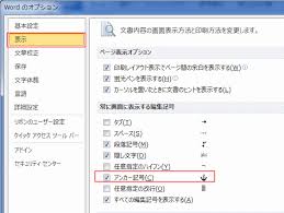 ファイル→オプションで表示のオプションを開き、表示をクリックし、アンカー記号にチェックマーク