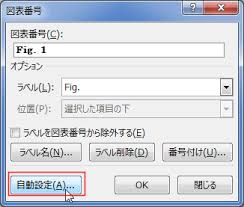 図表番号のダイアログボックスで、「自動設定」をクリック