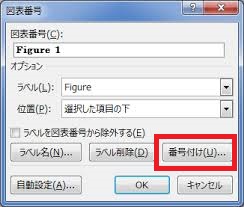 図表番号のダイアログボックスで、「番号付け」をクリック