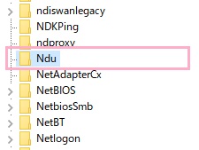 レジストリエディターの左側のフォルダツリーから、「HKEY_LOCAL_MACHINE」→「SYSTEM」→「ControlSet001」→「Services」の順に展開して、「Ndu」をクリック