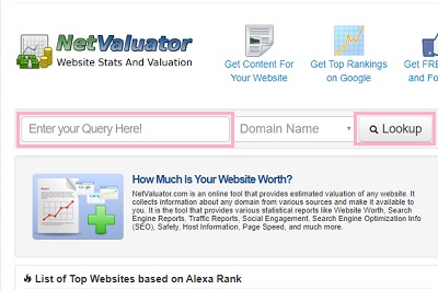 サイトの解析を行うには、「Enter your Query Here!」のフォームにサイトのURL・もしくはドメイン名を入力して「Lookup」ボタンをクリック