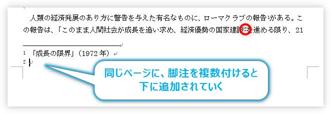箇所に脚注を同じく挿入すると、自動で番号順に脚注が追加