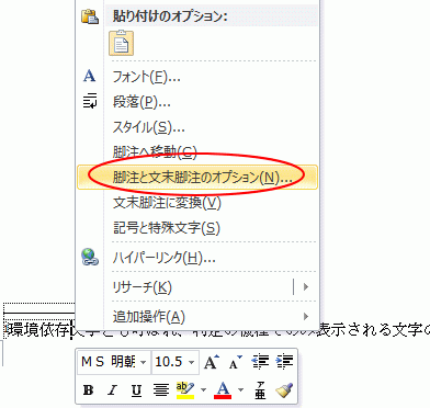「脚注と文末脚注のオプション」を選ぶ