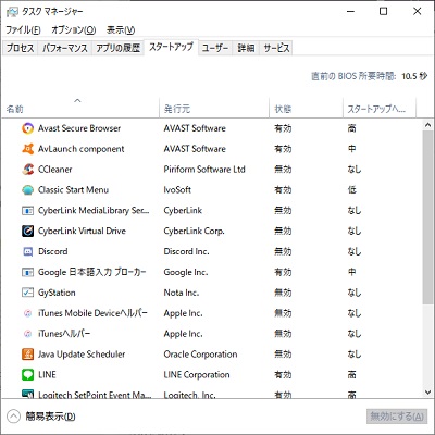 「スタートアップ」タブをクリックしてスタートアップ項目を表示させ、「Microsoft IntelliPoint」をクリックして選択したら「無効にする」ボタンをクリック