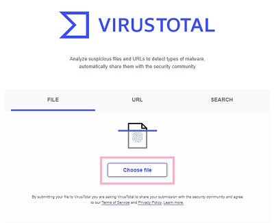 下記リンク先の「VirusTotal」にアクセスしたら、「Choose file」ボタンをクリック