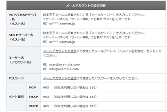 エックスサーバーというサービスが提供しているメール設定の例