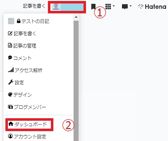 ブログにログインし右上の「はてなID」をクリックし、「ダッシュボード」をクリック