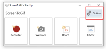 ScreenToGifを起動したら、画面右上の[Options]をクリック