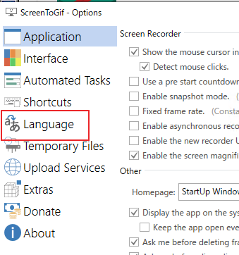 左メニューの[Language]をクリックして設定項目を切り替え