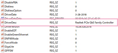 サブキー「0000」～からの連番のキーの中から、データの値「DriverDesc」がMACアドレスを変更したいNIC名になっているものを探す