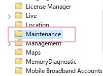タスクスケジューラが起動したら、左側フォルダツリーの「タスクスケジューラライブラリ」→「Microsoft」→「Windows」→「Maintenance」の順に開く