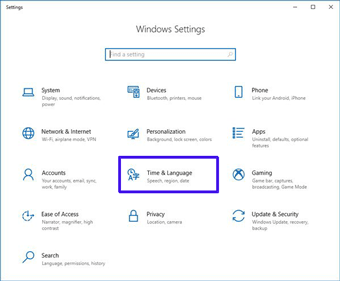「Windows　settings」で「Time & Language」をクリック