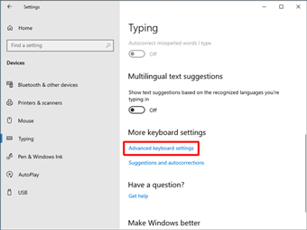 「Typing」で「Advanced keyboard settings」を選ぶ